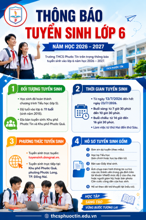 Trường THCS Phước Tín: Thông báo tuyển sinh lớp 6 năm học 2026 - 2027